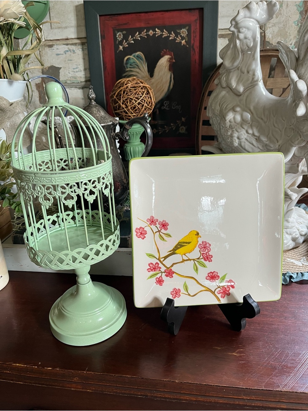 Metal Small Birdcage and Ceramic Bird Accent Plate